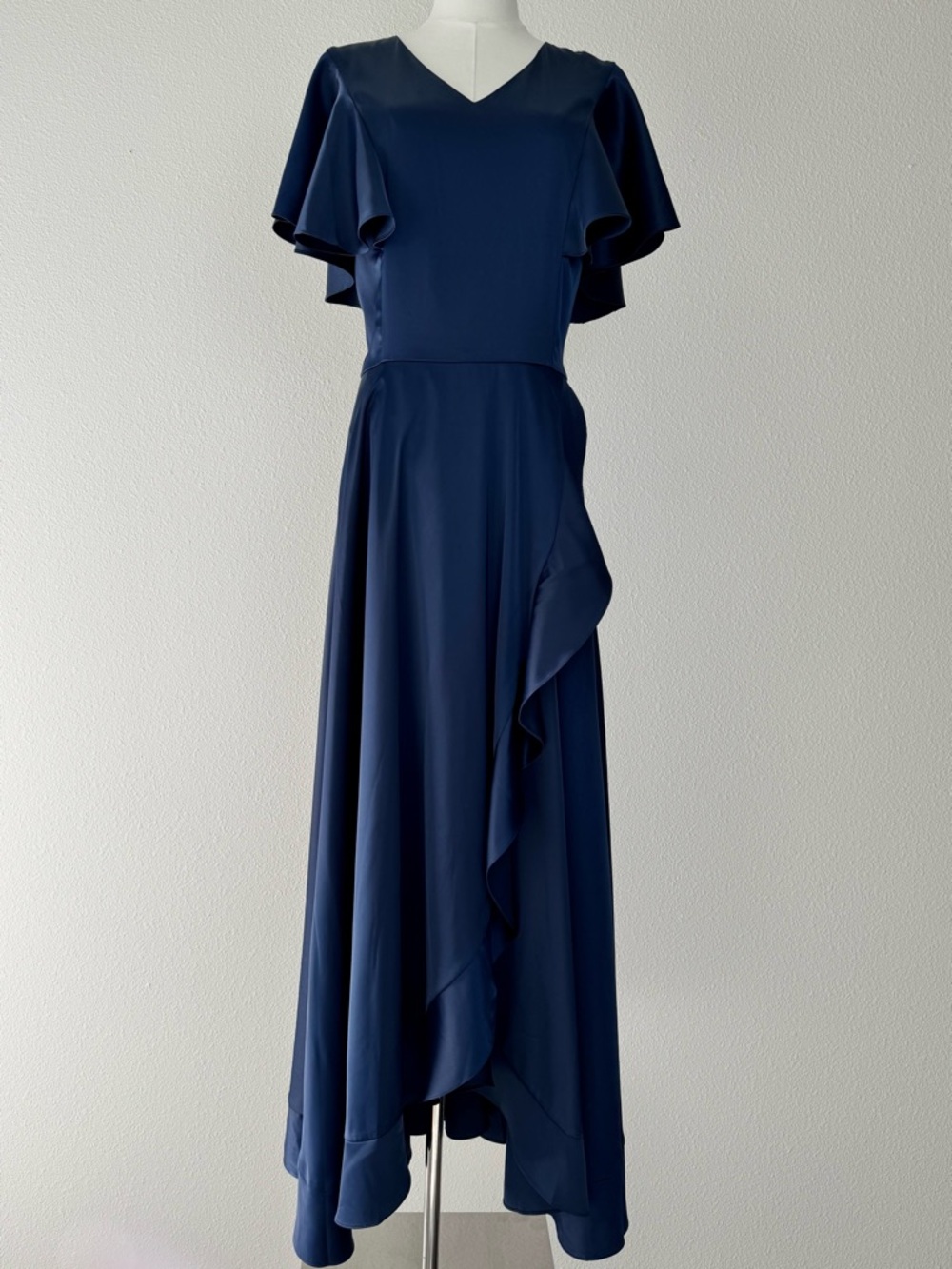 Ivy City Co Callie Maxi Dress Size 10 Navy Satin Faux Wrap Ruffle Hem